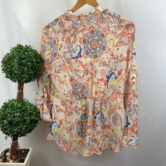Kut From The Kloth White Floral Print Long Convertible Sleeve Blouse Top L - Image 3