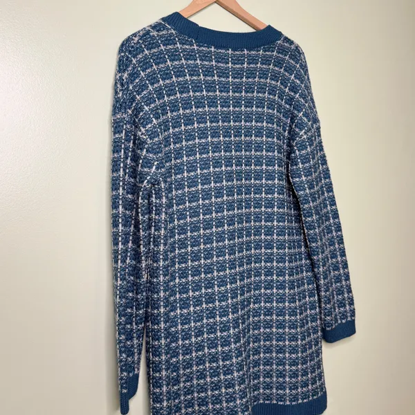 Talbots Merino Wool V Neck Cardigan Sweater Texture Plaid Blue White Size Medium - Image 6