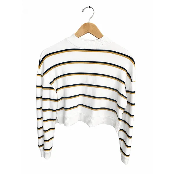 SO Women White Striped Mock Neck Cropped Knit Sweater Navy Mustard XS - Image 2