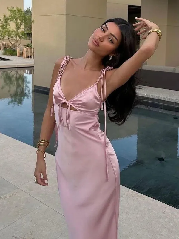Zara dress maxi satin effect slip dusty pink tied wedding party evening - Image 4