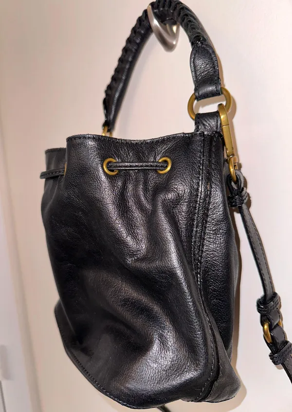 Black Leather Drawstring Crossbody Shoulder Bag Satchel Small Purse - Image 4