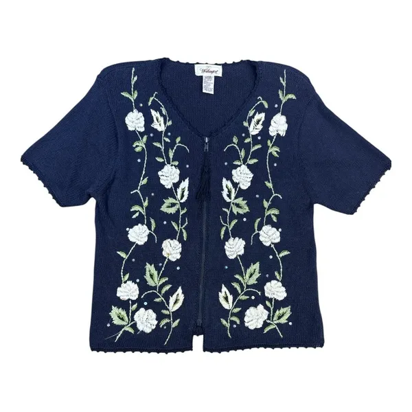 Worthington Vintage Navy Blue Floral Embroidered Zip Up Tassel Cardigan Large - Image 2