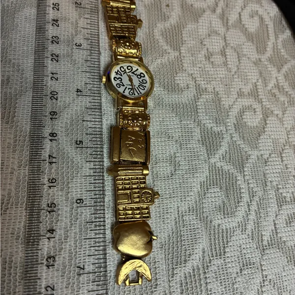 Gold Tone Teacher School Apple Pencil ABC 123 Slide Charm Bracelet Watch - Image 5