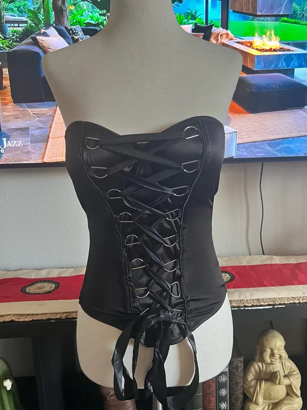 Womens M Spirit Halloween Black Satin Lace Up Corset Top Strapless Gothic - Image 2