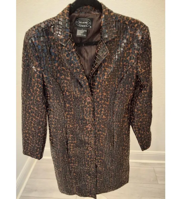 Selene Sport Vintage S Faux Snakeskin Leather Animal Print Long Jacket Coat NWOT - Image 3