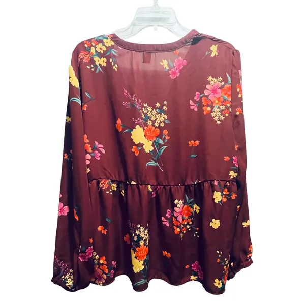 Old Navy Burgundy Floral V-Neck Peplum Blouse‎ Long Sleeve Top - Image 5