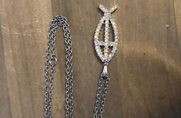 Vintage AB Rhinestone Ichthus Fish Cross Pendant Necklace - Image 3
