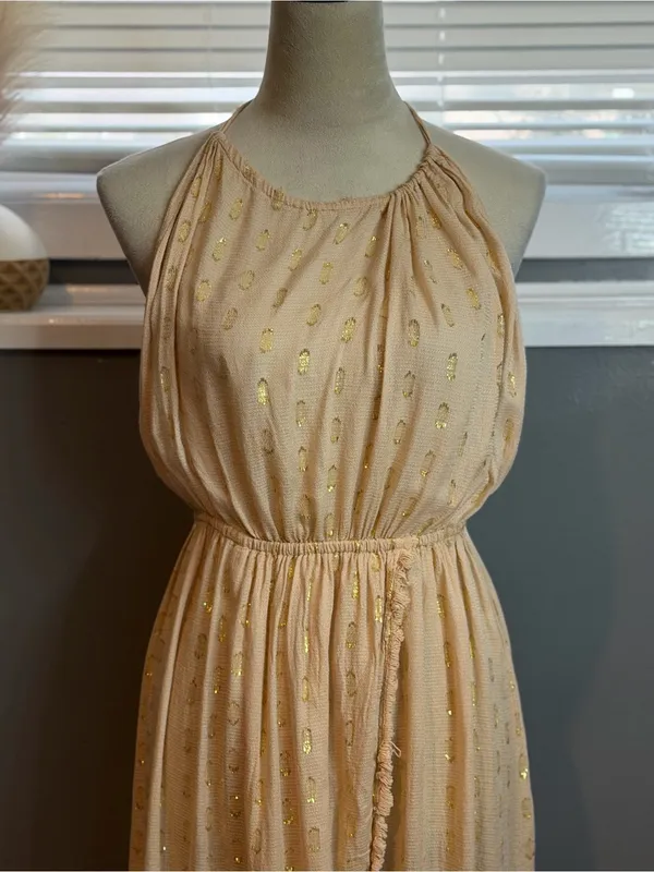 Surf Gypsy Halter Maxi Dress Size M Boho Gold Shimmer Backless Tassel - Image 4