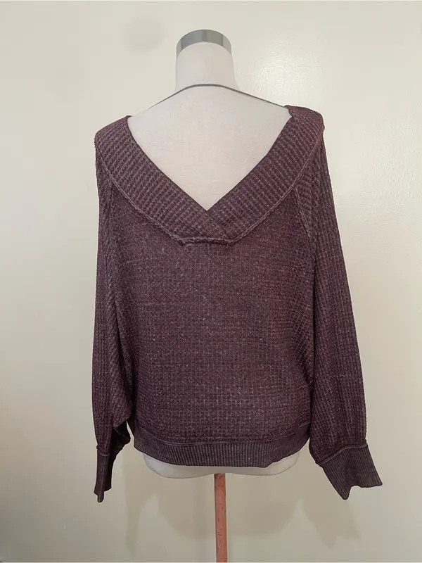 We The Free Mauve Plum Waffle-Knit Scoop Pullover - Image 3