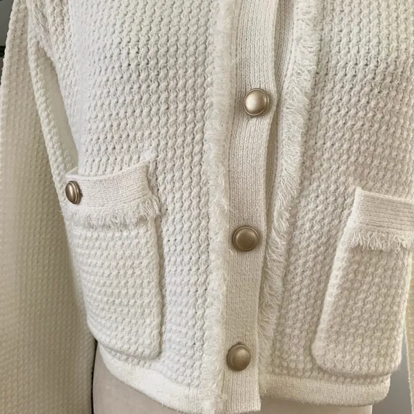 GU (Uniqlo) Fringe Double Pocket Knitted Jacket in Off White - Image 4