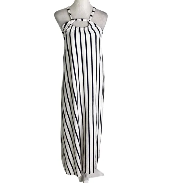 Zara Cotton Knit Striped Midi Dress in Navy Cream Size M - Image 4