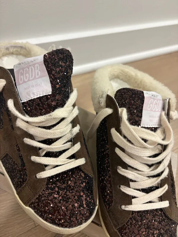 Golden Goose Super-Star Sabots in glitter with brown star and shearling lining - Image 6