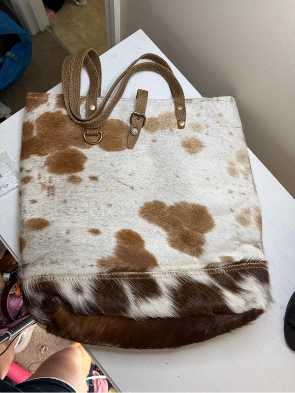 Myra Mesa Trail Hairon Tote Bag Rustic Cowhide Design, Brown Leather Handles - Image 13