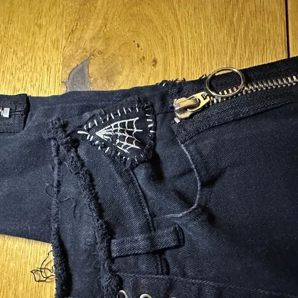 Dolls Kill Current Mood Stitch Lace-Up Patchwork Jeans black stretch denim s got - Image 5