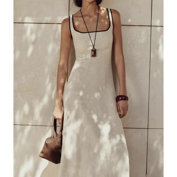 Zara Beige Black Trim Tank Maxi Dress Resort Beach Linen Capsule European - Image 10