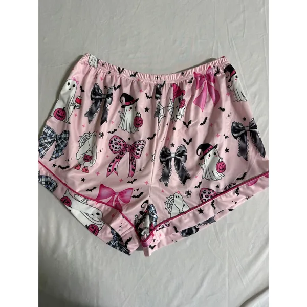 Pink Halloween Ghost Bow Pajama Set Short Sleeve Button Down Shorts Womens Large - Image 7