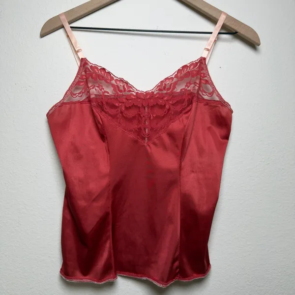 VTG‎ 80s Vassarette Women Nylon Whimsigoth Cami Top Medium Red Lace Trim Satin - Image 3