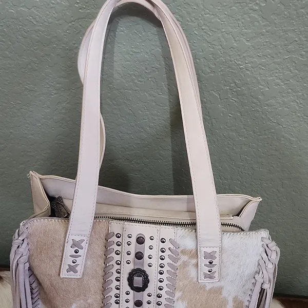 Neutral Cowhide Fringe Satchel Tote - Stylish Everyday Bag - Image 4