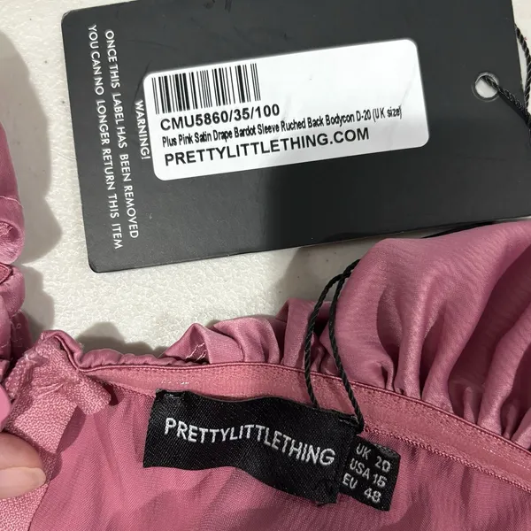 PrettyLittleThing Pink‎ Satin Drape Bardot Sleeve Ruched Back Bodycon Dress 16 - Image 4