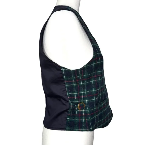 Vintage Eddie Bauer Vest S Lambswool Wool Waist Coat Buckle Plaid‎ Academia - Image 4