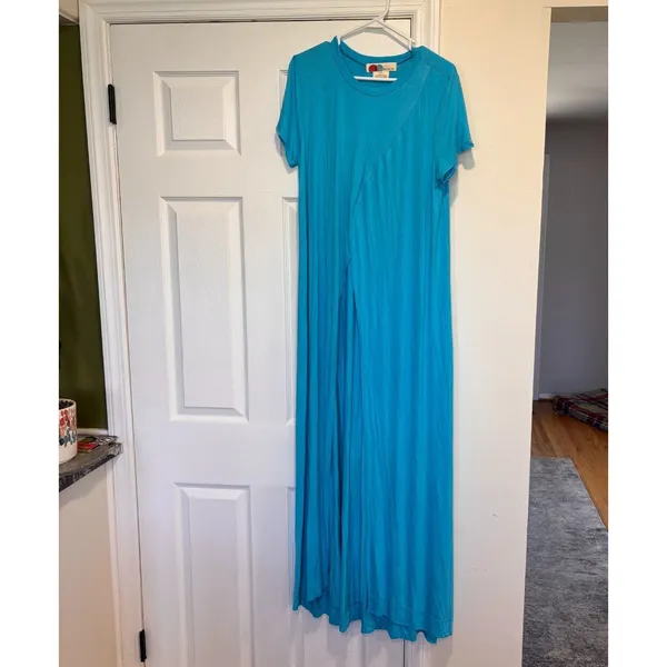 Free People FP Beach Maxi Dress Cover Up Blue Front Slit Swim Casual Size Large - Image 3