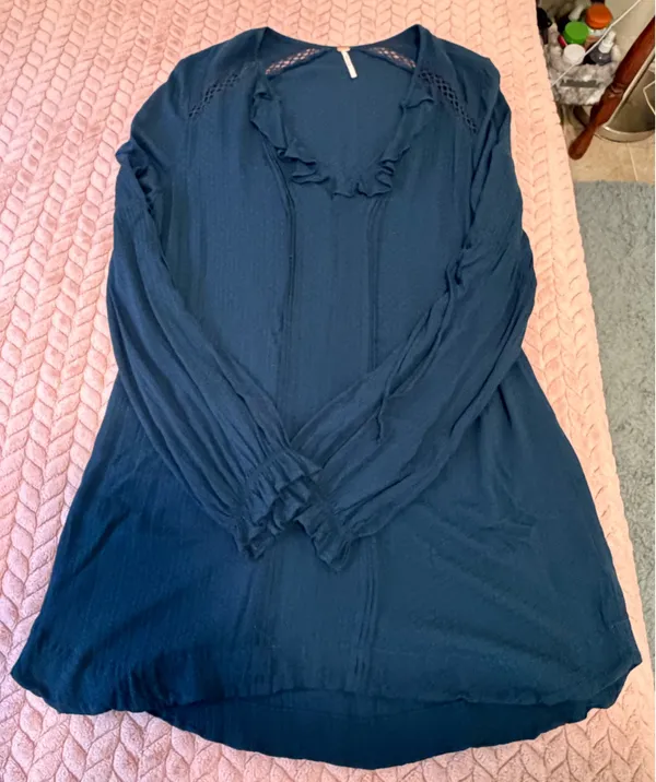 Free People Navy Blue Peasant Ruffled Long Sleeve Babydoll Tunic - Image 2