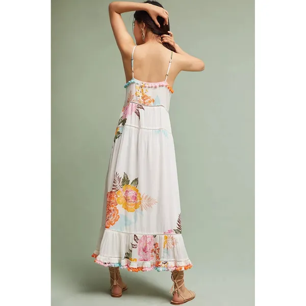 Anthropologie‎ FARM RIO Havana Floral Dress Midi Pom Poms Vacation Large Petite - Image 8