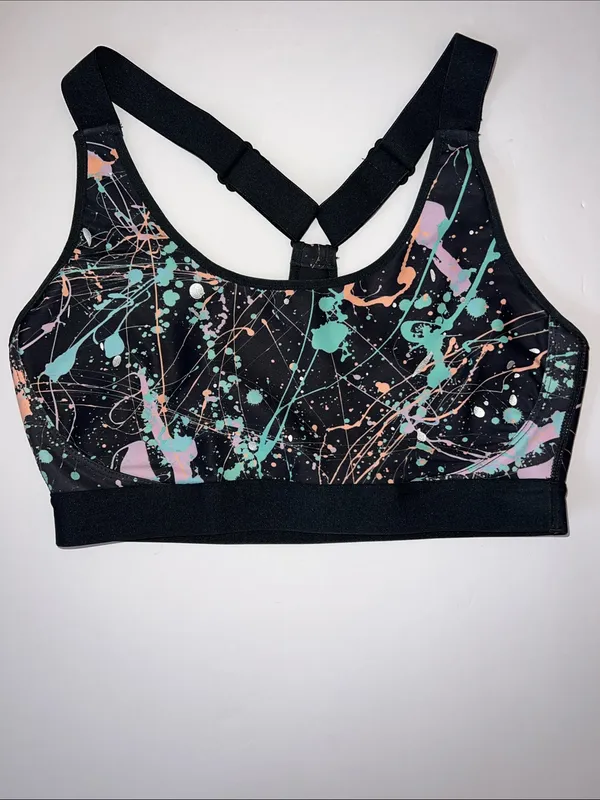 Printed Black Sports Bra with Pastel Splatter Detail - Image 8