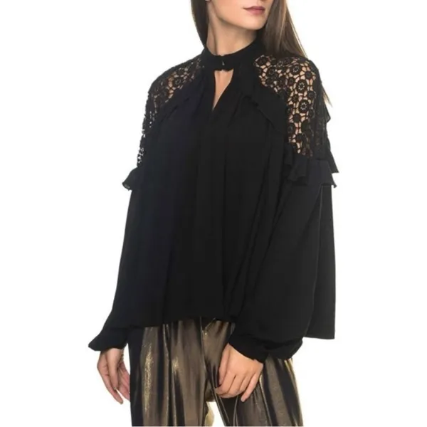 Free People Little Bit Of Love Crochet Lace Ruffle Keyhole‎ Blouse Black Size XS - Image 7