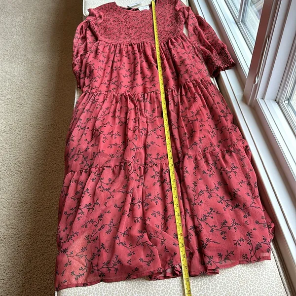 NWT bohme Smocked Tiered Maxi Dress Sheer Sleeves Rust with black design size S - Image 10