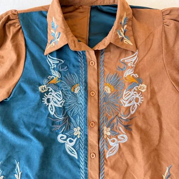Embroidered Western Blouse Small Brown Teal Puff Sleeve Boho Cowgirl Shirt - Image 11