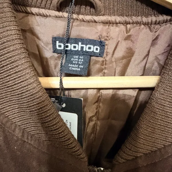 Boohoo Vintage Suede Look Oversized Bomber Jacket Chocolate Brown US 12 NEW - Image 7
