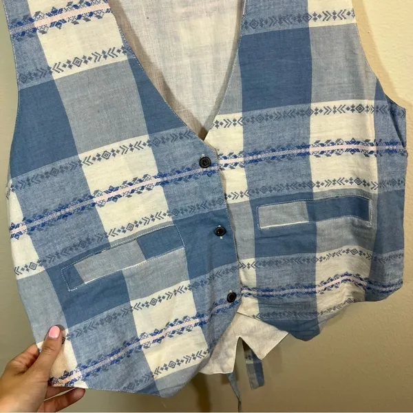 ✨ Vintage Ride Blue‎ White Plaid Western Vest Medium Nepal - Image 5