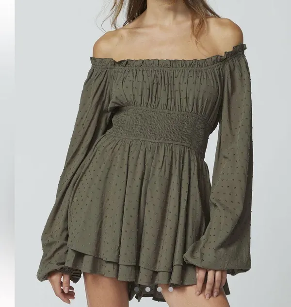 #13 NWOT Urban Outfitters Clip Dot Smocked Long Sleeve Romper in Olive - Image 4