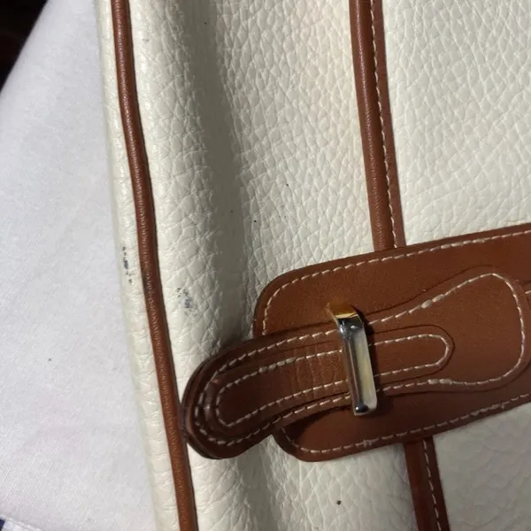 Vintage Style Ivory & Brown Faux Leather Crossbody Shoulder Bag Preowned - Image 2
