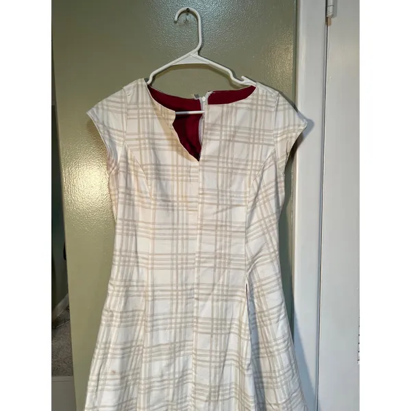 Women's Midi A-Line Dress White Beige Plaid Red Lined Split Neck Cap Sleeve Zip - Image 2