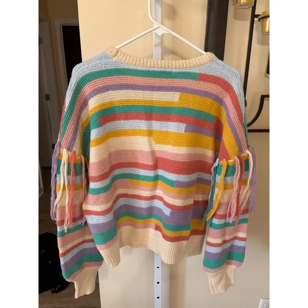Collection by Cezele Rainbow Striped Fringe Tassel Knit Sweater Multi Color L - Image 6