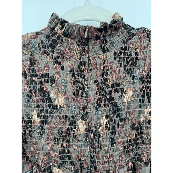 Knox Rose Floral Ruffle Smocked Yoke Top Taupe Black Floral Velvet Romantic Sz L - Image 4