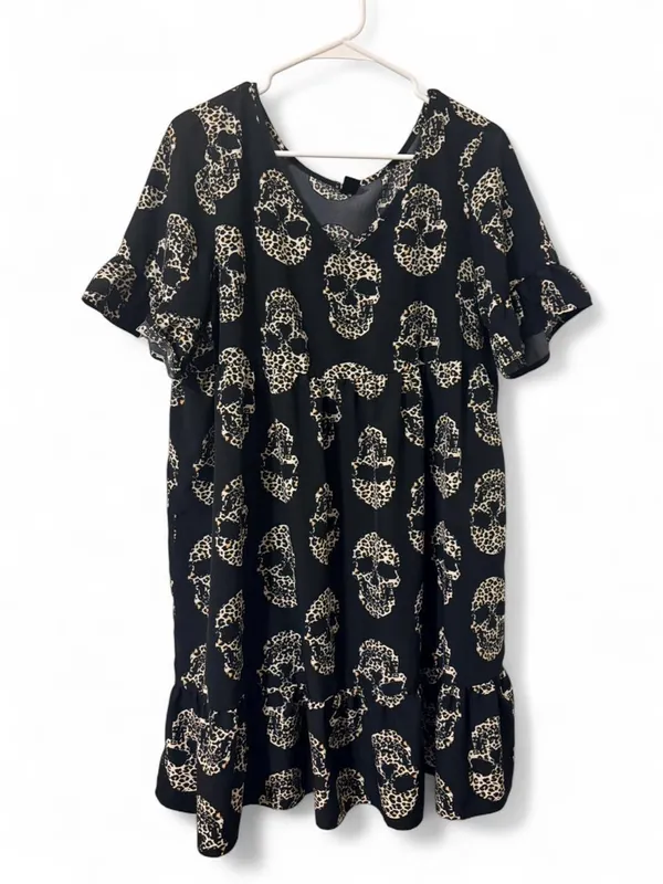 Emory Rose Black Skull-Print V-Neck Babydoll Dress/Top Sz M - Image 2