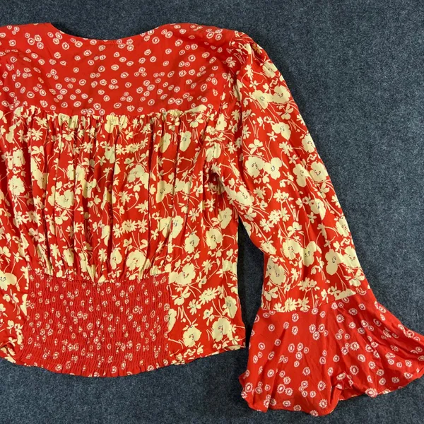 Free People Red Floral Mixed Print Blouse Flared Sleeve Smocked Back L Boho NWT - Image 12