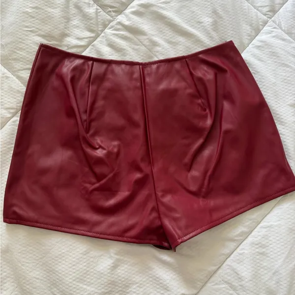 EGO Curved Waistband Shorts In Burgundy Faux Leather - Image 4