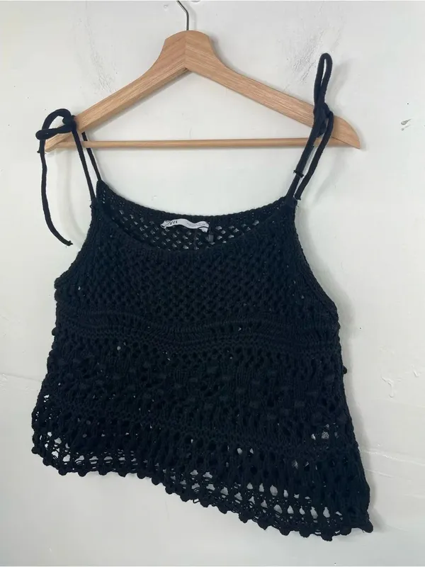 ZARA Black Crochet Knit Tie Strap Crop Tank Top Boho Festival Beach Cover-Up S - Image 2