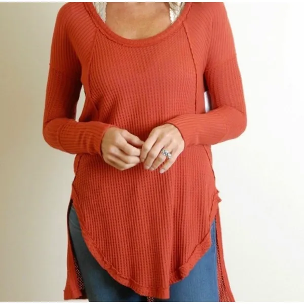 Free People Drippy Ventura Top Women XS Rust Waffle Knit Thermal Boho Red Orange - Image 12