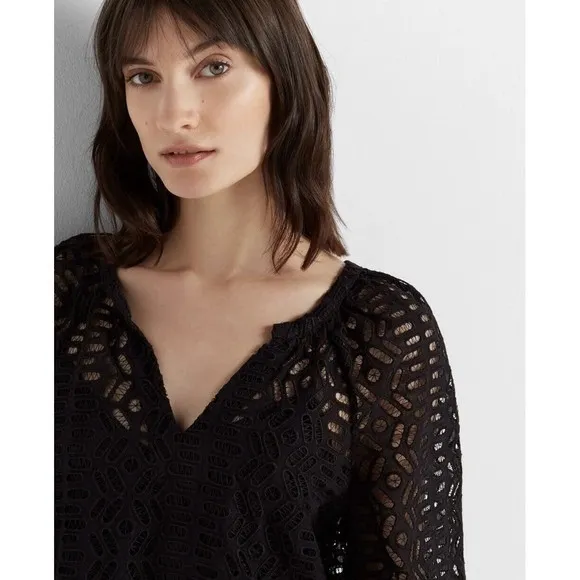 CLUB MONACO women's V Neck Eyelet Short Peasant Dres size Small Black NWT $249 - Image 4