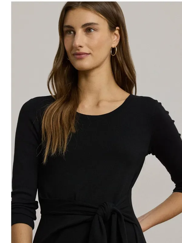 NWT Lauren Ralph Lauren Tie Front Cotton Blend Crewneck Dress Black - Image 6