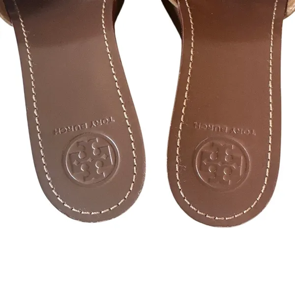 Tory Burch Joanie Straw Wedge Slides Tan‎ Studded 9.5 Boho - Image 4