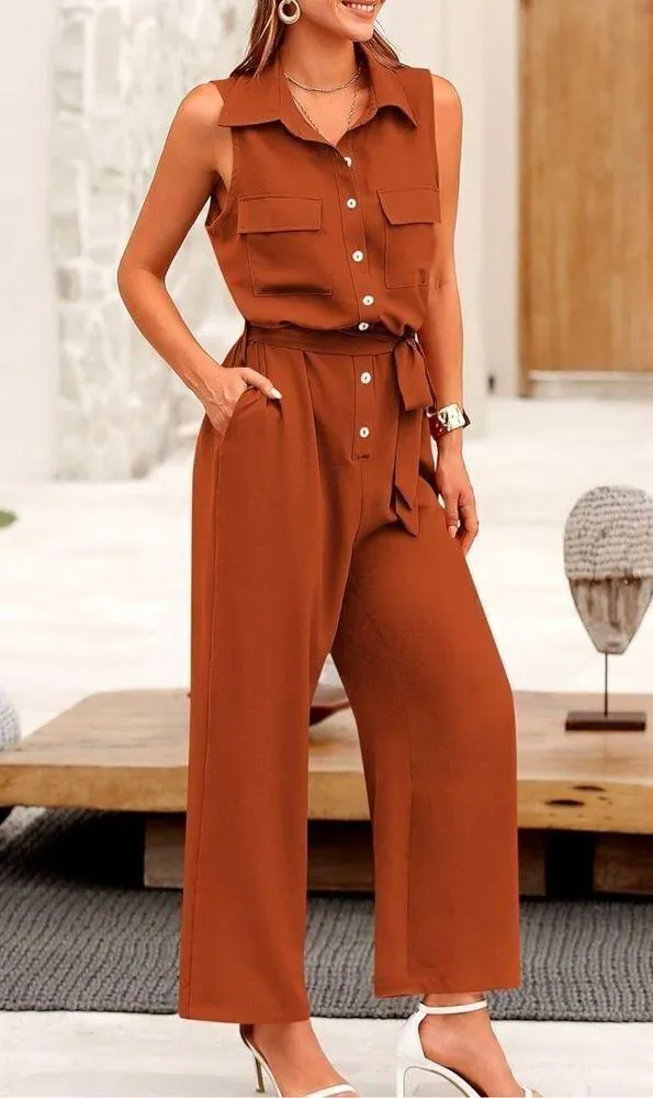 NEW Jumpsuit Dressy Casual Sleeveless Button Up Belted L - Image 3