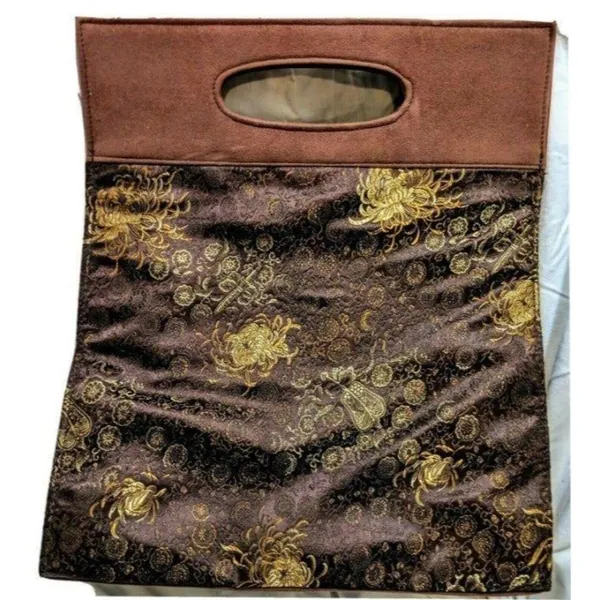 Handmade Vintage-Inspired Brown & Gold Brocade Handbag With Suede Accents Snap Closure & - Image 6