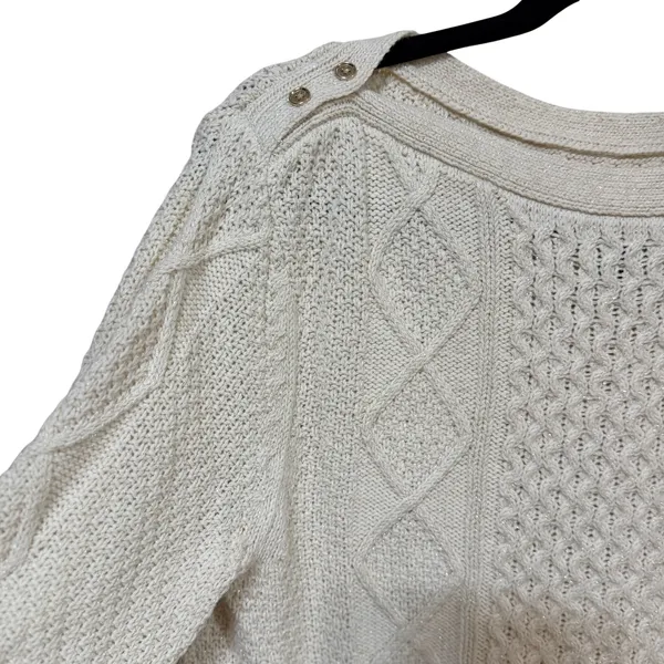 Lands End Womens Cream Metallic Cable Knit Boat Neck Shoulder Button Sweater L - Image 3