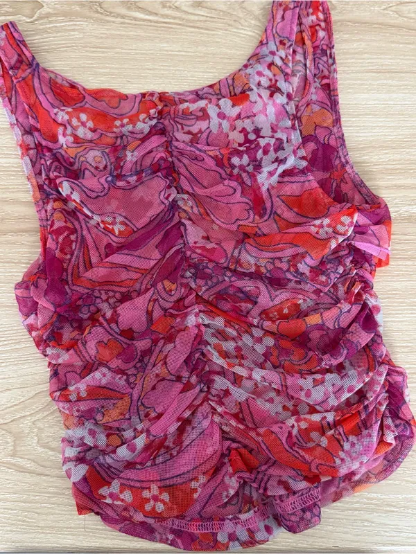 Free People Small Tell Me More Top Mesh Reversible Pink Ruch Floral Y2K Hippie - Image 5